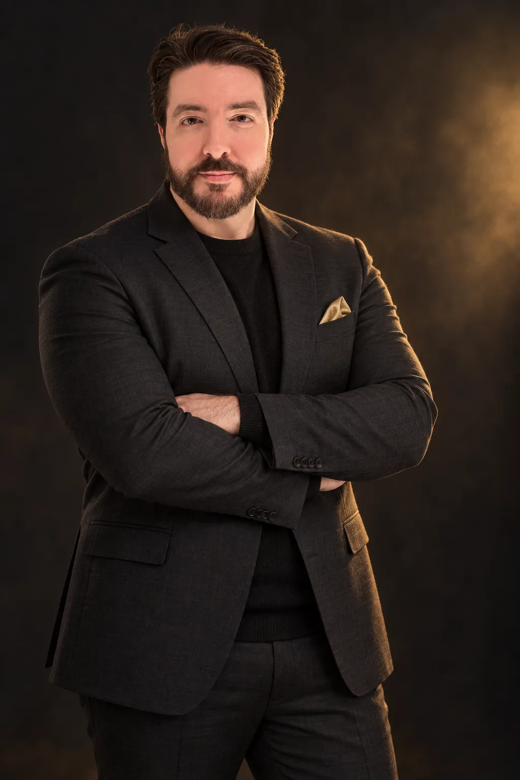 Nick DiMoro in a charcoal suit with arms folded, lit in gold against a black background